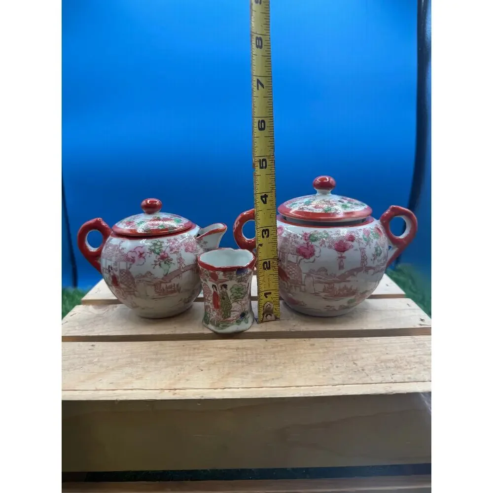 Vintage Kutani Porcelain Miniature Tea Set - Geisha/Garden Motif-3Piece Part Set